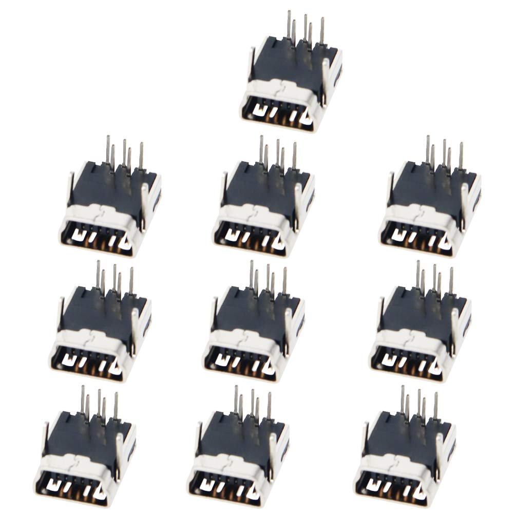 Fielect 10Pcs Mini USB-5P Female Socket Jack Connector 5 Pin 90 Degree Straight Insert PCB Connector, Repair Replacement Adapter