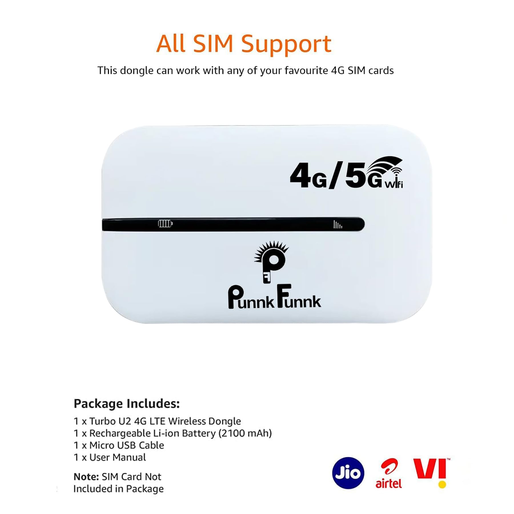 Punnk Funnk Mi-Fi 4G LTE Wireless Dongle with All Sim Network Support for Desktop & Laptops | 2100mAh Rechargeable Battery | Plug & Play Data Card Stick with Up to 150Mbps Wi-Fi Hotspot (White) 3