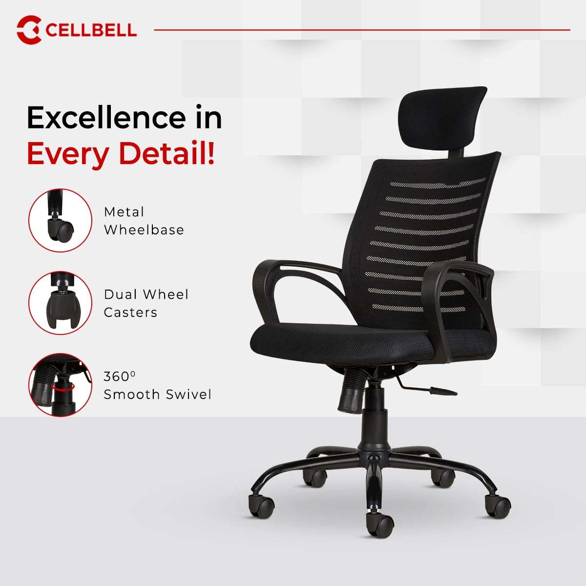 CELLBELL Desire C104 Mesh High Back Ergonomic Office Chair for Work from Home Metal Base Seat Height Adjustable Chair, Study Chair, Revolving Chair, Computer Chair- Black 6