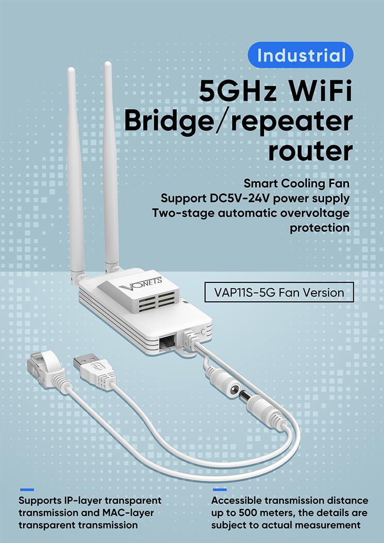 VONETS 5GHz Industrial Mini WiFi Router Bridge Repeater, WiFi to Ethernet Adapter, Wireless Bridge Converts RJ45 Connection to Wireless, 2 External Antennas, DC/USB, VAP11S-5G with Smart Cooling Fan 2