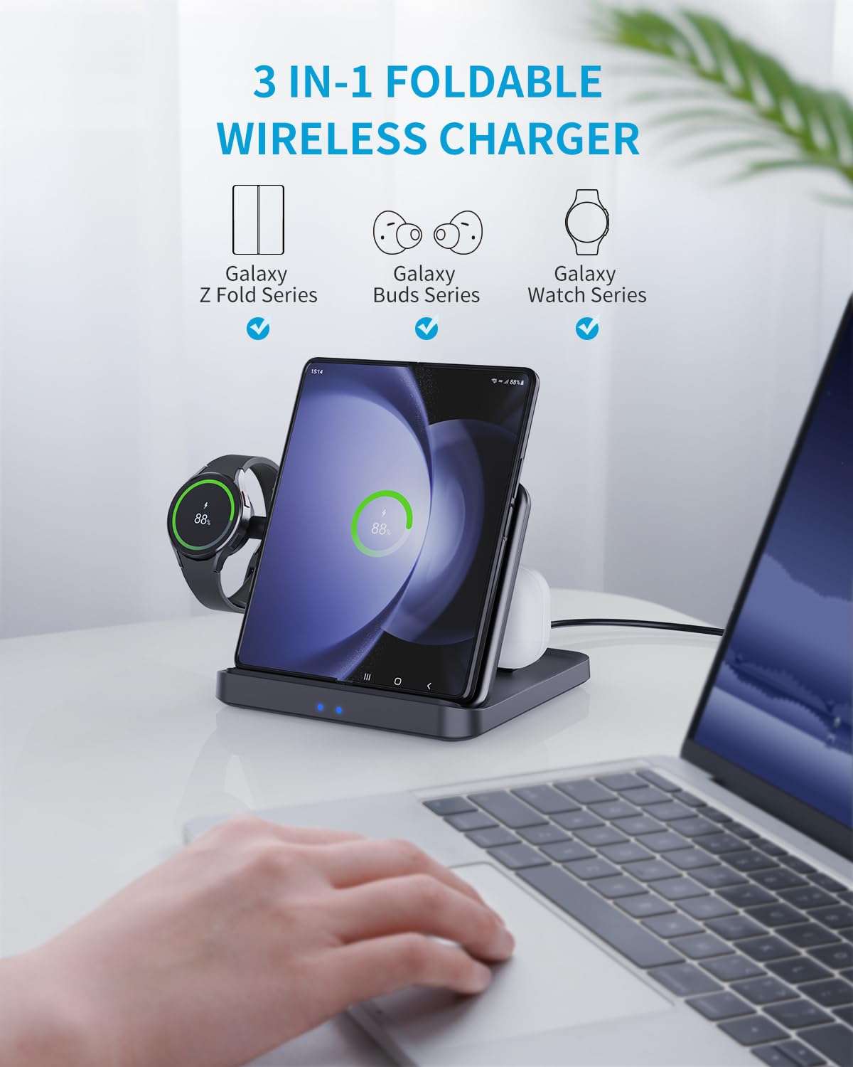 Wireless Charger Station for Samsung Z Fold 7/6/5, ANPULES 3 in 1 Foldable Fast Wireless Charging Stand Dock for Galaxy Z Fold4/Flip 6/5, Wireless Charger for Watch 6/6 Classic, Buds 2/Pro/Live 2