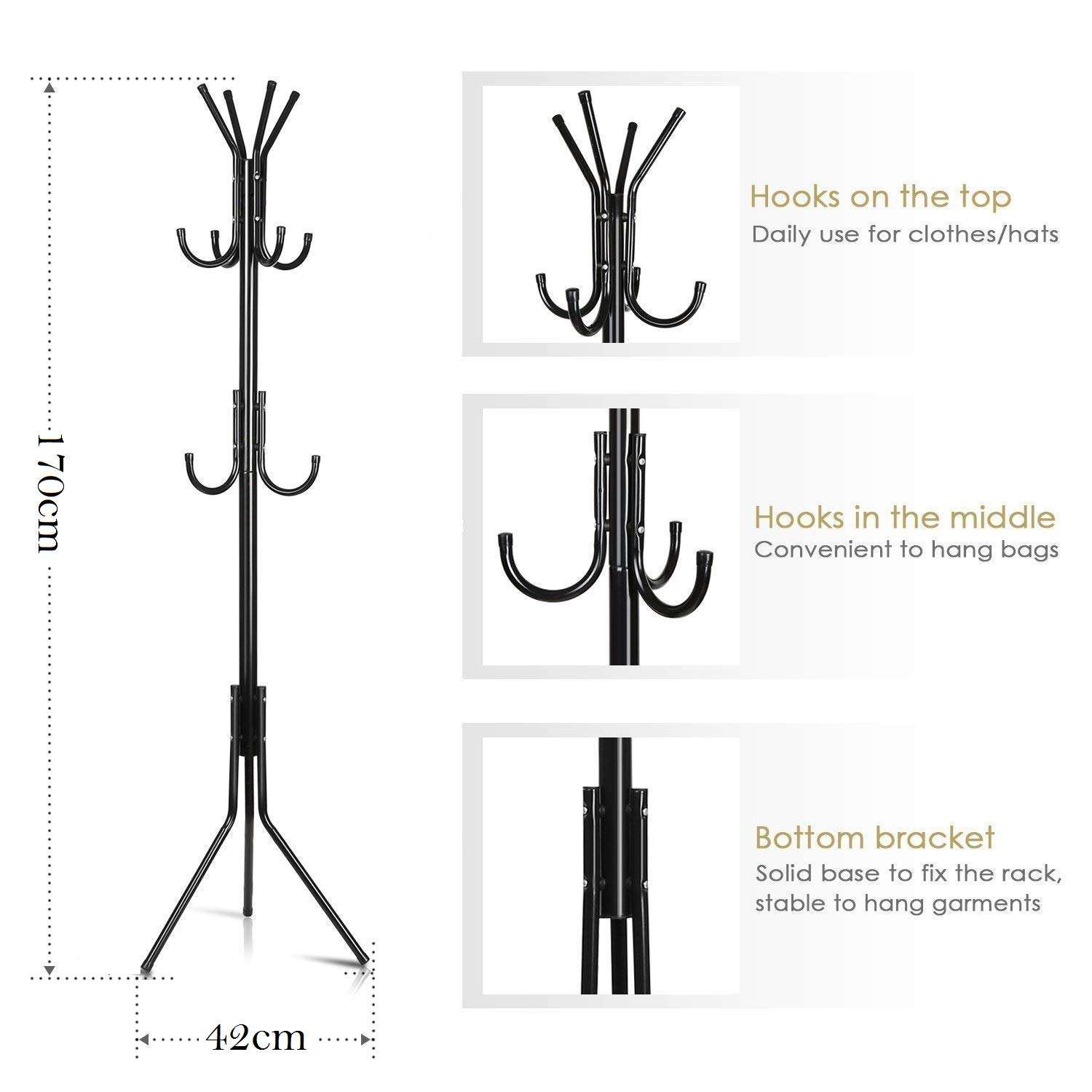 Lukzer 8 Hook Coat Hanger Metal Clothes Stand Hanging Pole Wrought Iron Rack Standing Shelf Unit for Home, Bedroom Space Saver Storage Organizer for Garments, Scarf, Bag (Black/170 x 42cm) DL-8H-BL 6