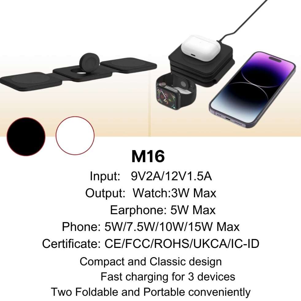 EDS M16 3 in 1 Phone Wireless Charger for iPhone,Magnetic Foldable 3 in 1 Charging Station,Travel Charger for Multple Devices for iPhone 15/14/13/12 Series AirPods Pro, iWatch (Black) 4