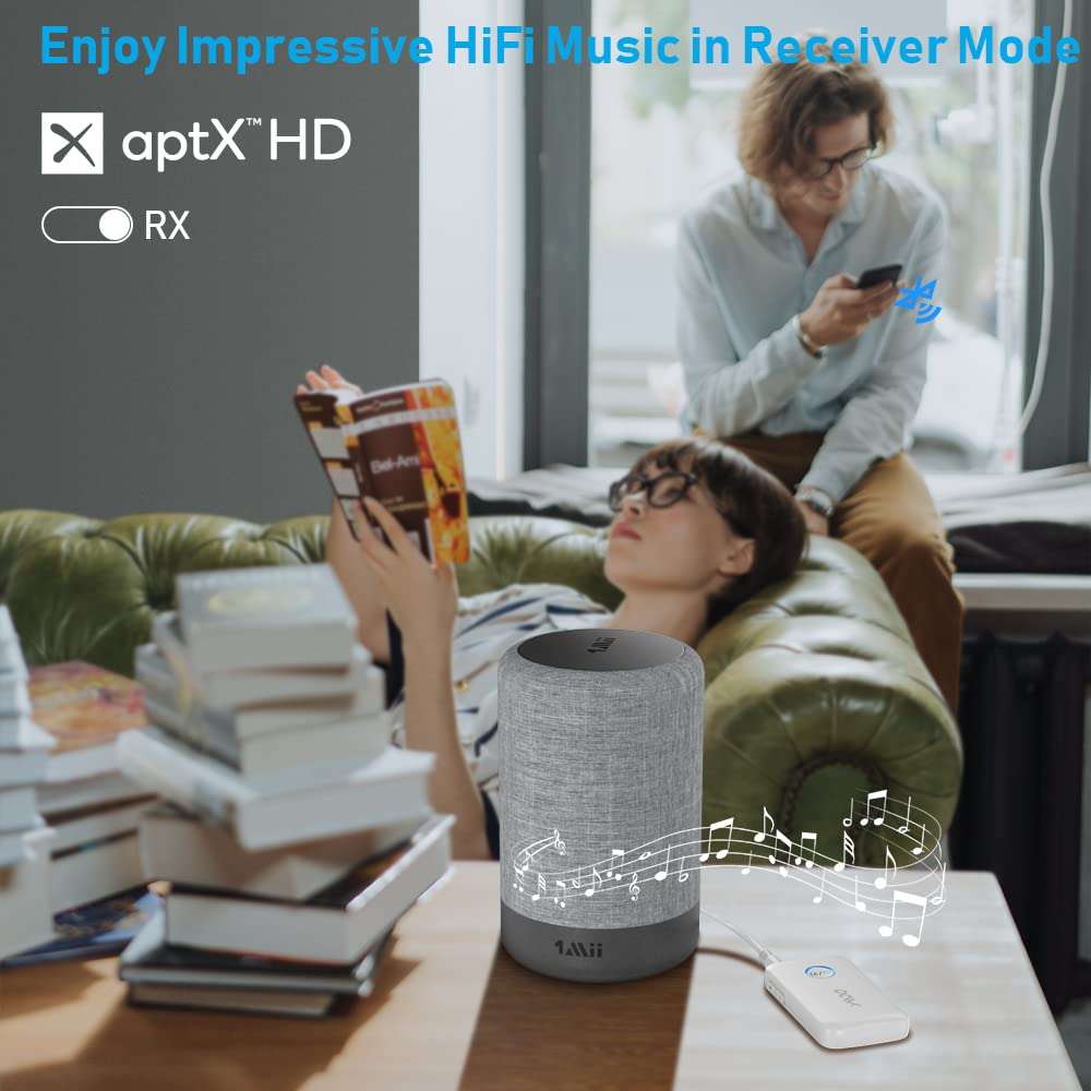 YMOO Bluetooth 5.3 Transmitter Receiver for 2 Wireless Headphones/Speaker/Airplane, 3.5mm Jack AUX Bluetooth Audio Adapter, 22h Long Range AptX Low Latency for Smarphone/Tablet/PC/TV/Home Stereo 4