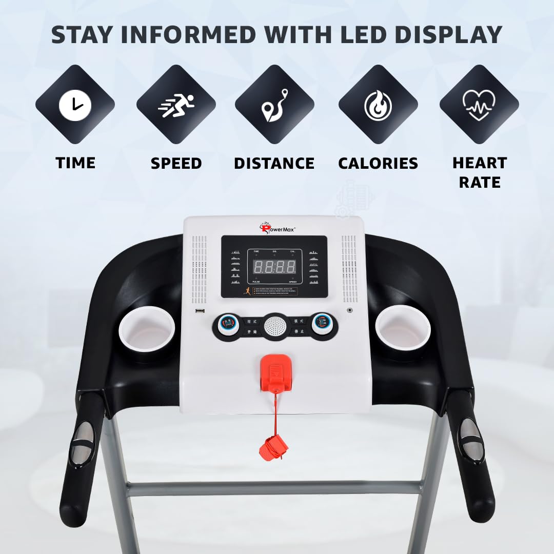PowerMax Fitness TDM-98 (4.0HP Peak) Foldable Motorized Treadmill for Home 100 kg Weight, Max Speed-10kmph, Preset Programs, HR Sensors, AUX with Volume +/- keys for Inbuilt Speaker, USB, LED Display 4