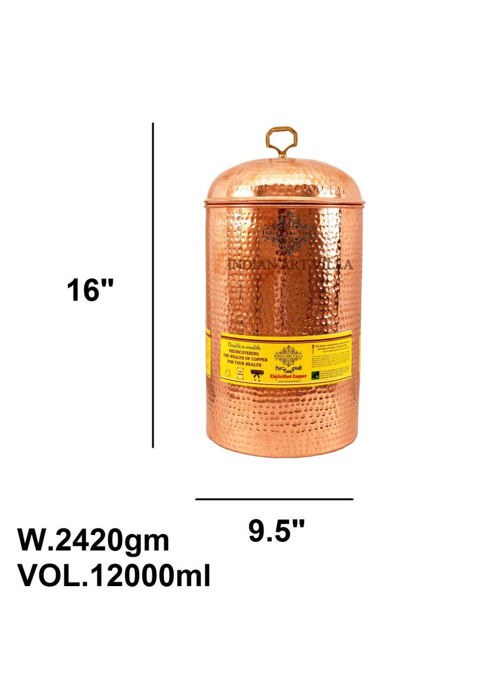 Indian Art Villa Copper Hammered 12000 ML Flat Storage Pot - Serving & Storage - Home, Hotel, Restaurant, Gift Item, Decorative 6