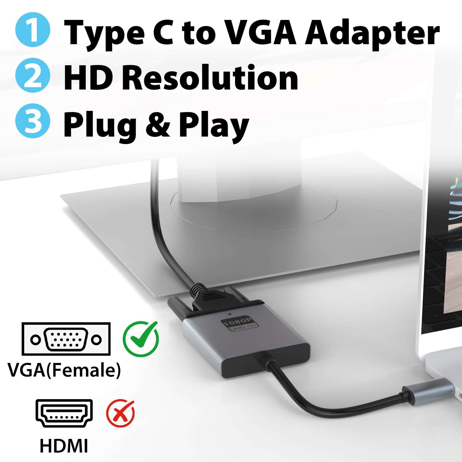 Cyberguys! VGA to USB C Adapter, Type-C to VGA Female Video Converter Supports 1080P@60Hz, Plug & Play, Compact & Durable, Compatible with MacBook, Dell, HP, Chromebook, iPad Pro & More, No Audio 3