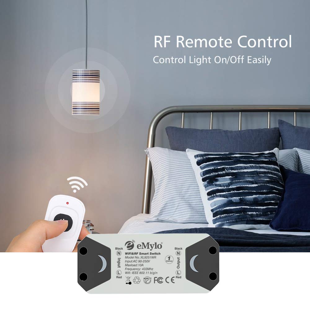 Smart WiFi RF Switch Wireless Relay Module eMylo Remote Control Light Switches 1 Channel 220V Home Automation Outlet Timer 433Mhz Compatible with Alexa/Google Home Assistant Via iPhone Android 5