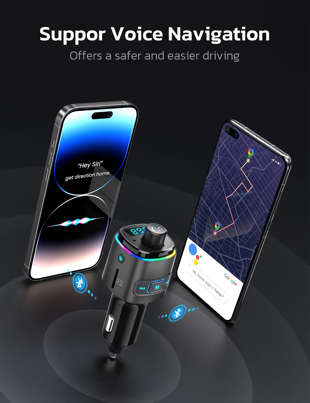 Nulaxy Bluetooth FM Transmitter for Car, 7 Color LED Backlit Bluetooth Car Adapter with QC3.0 Charging, Support Siri Google Assistant, USB Flash Drive, microSD Card, Handsfree Car Kit - NX09 Silver 4