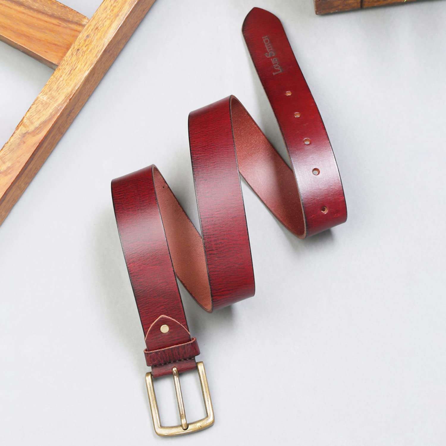 LOUIS STITCH Men's Rosewood Red Italian Raw Leather Belt Premium Hand Padded Casual Belts for Men With Heavy Brass Buckle 1.5 Inch (38mm) (CAHPRW36) 3