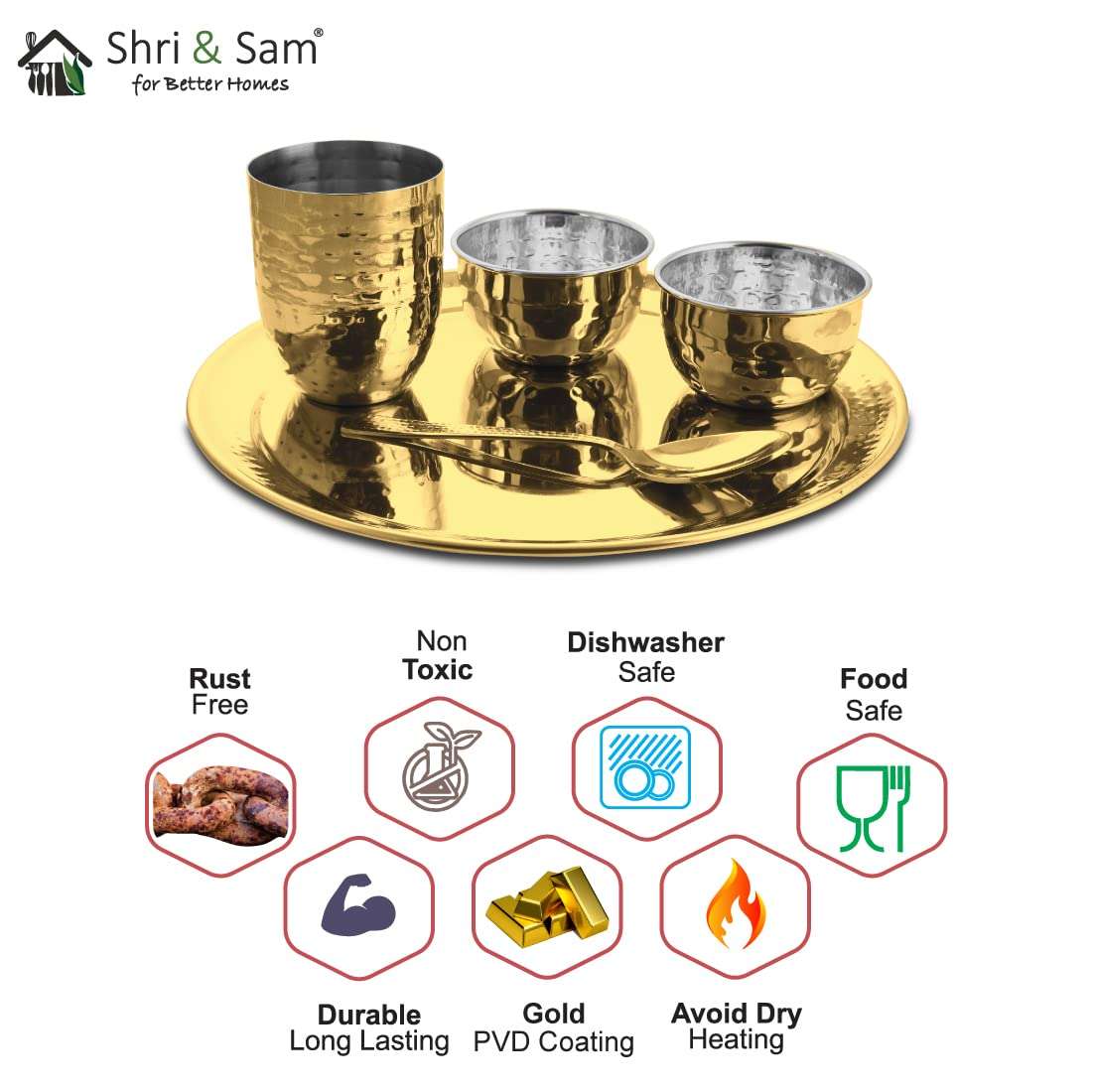 Shri & Sam High Grade Stainless Steel Diamond Hammered Gold Thali Set with PVD Coating 6