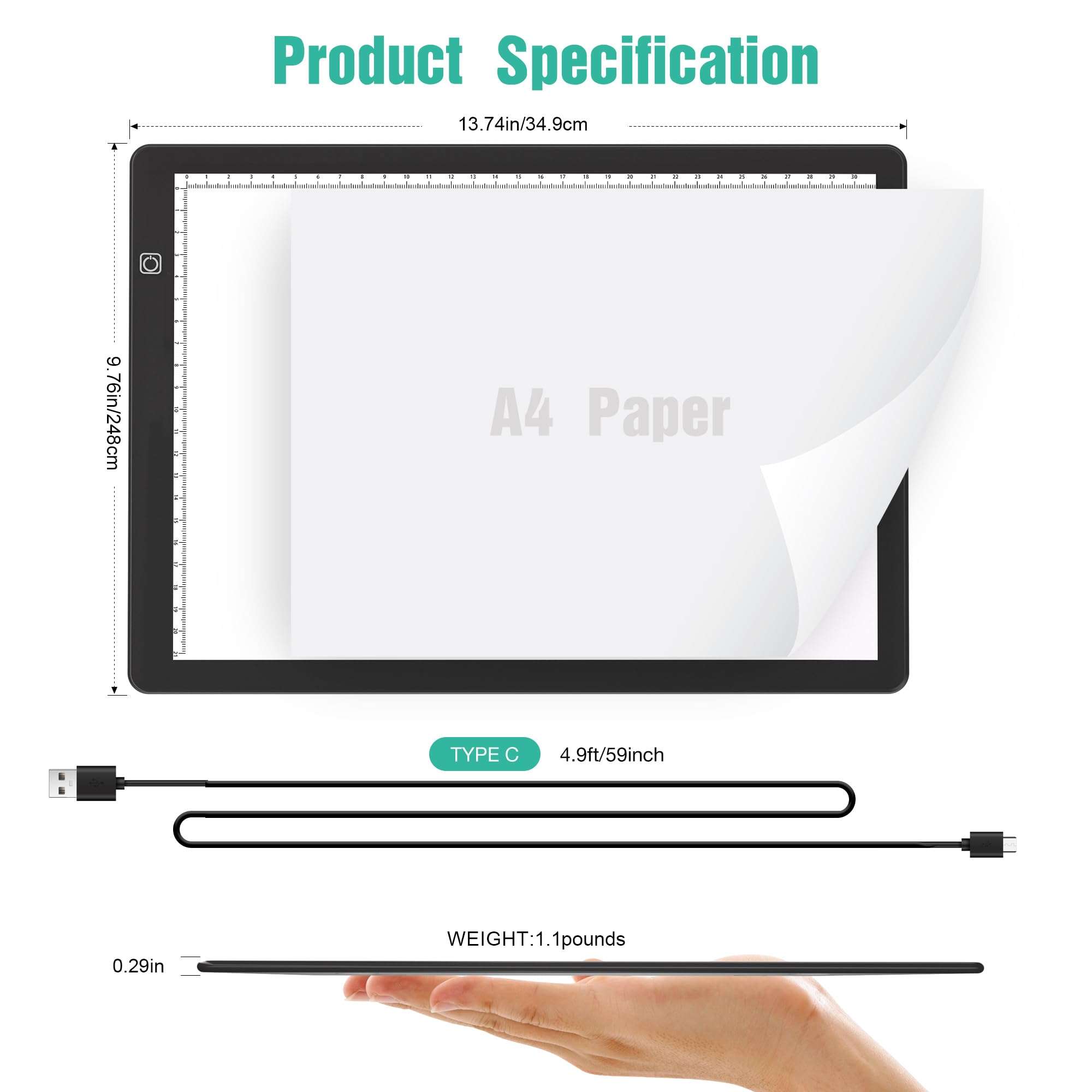 comzler A4 LED Light Board, 3 Level Dimmable Brightness USB Power Artcraft Light Table for Tracing, Light Drawing Sketch Pad for Animation, Sketching, Drawing, Stenciling, Artists - Black 4