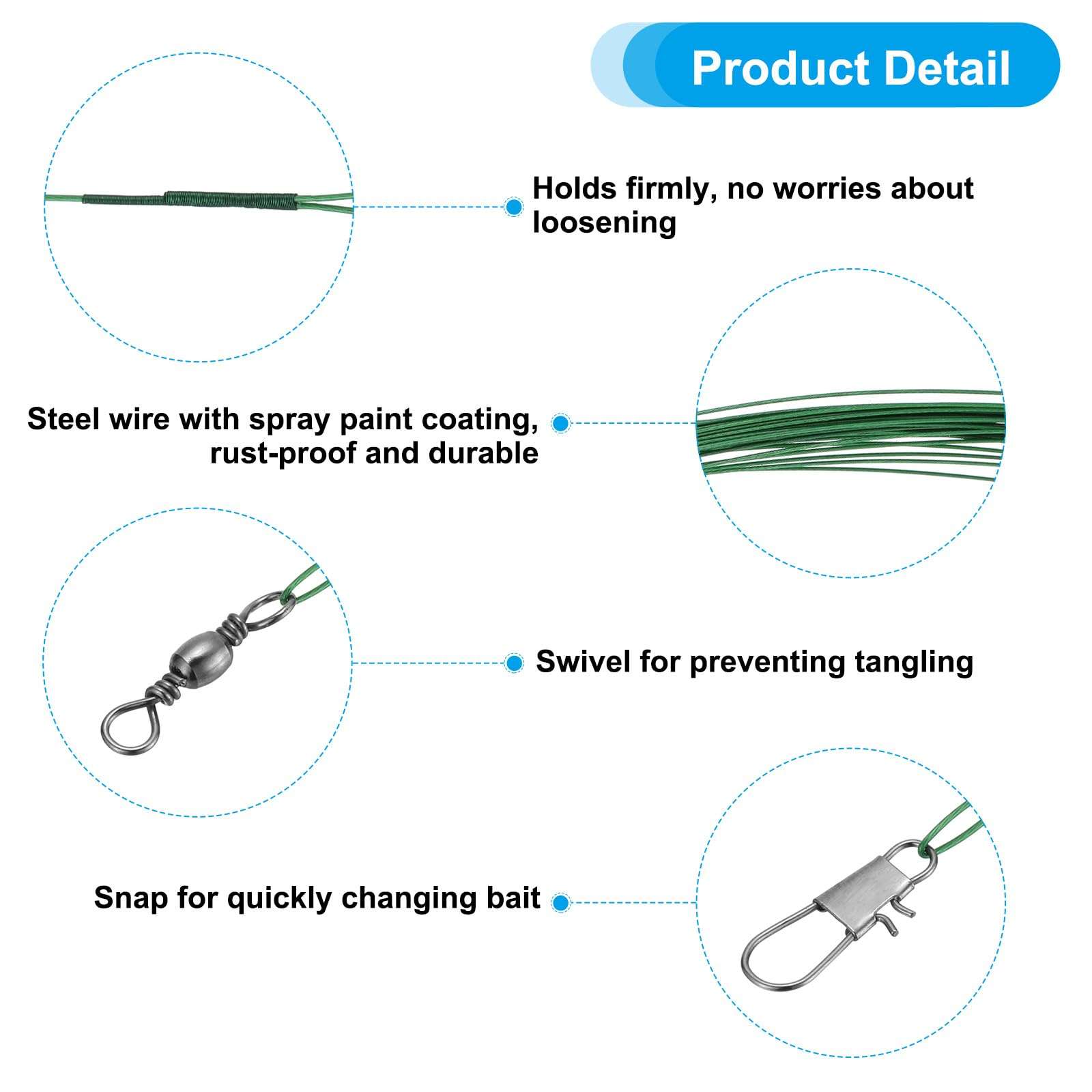 PATIKIL Fishing Wire Leaders 12", 60Pcs 30LB Strength Nylon-Coated Fishing Line Leaders with Swivel and Snap for Saltwater Freshwater, Green 5