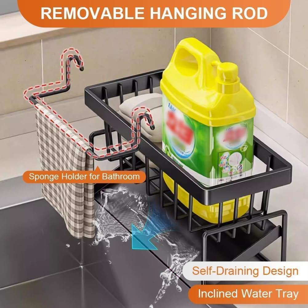 SHOPSUTRA Kitchen Sink Organiser with Drain Tray, Countertop Storage Rack for Dish Soap Sponge Scrubber, Metal Wire Design, Black 4