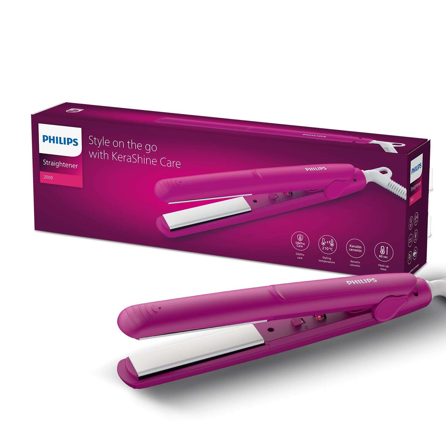 Philips New Hair Straightener | Keratin infused Ceramic plates for glossy frizz-free straight hair | SilkProtect Technology minimizes heat damage | On-the-Go Travel Friendly Hair Straightener for Women| BHS252/00 1