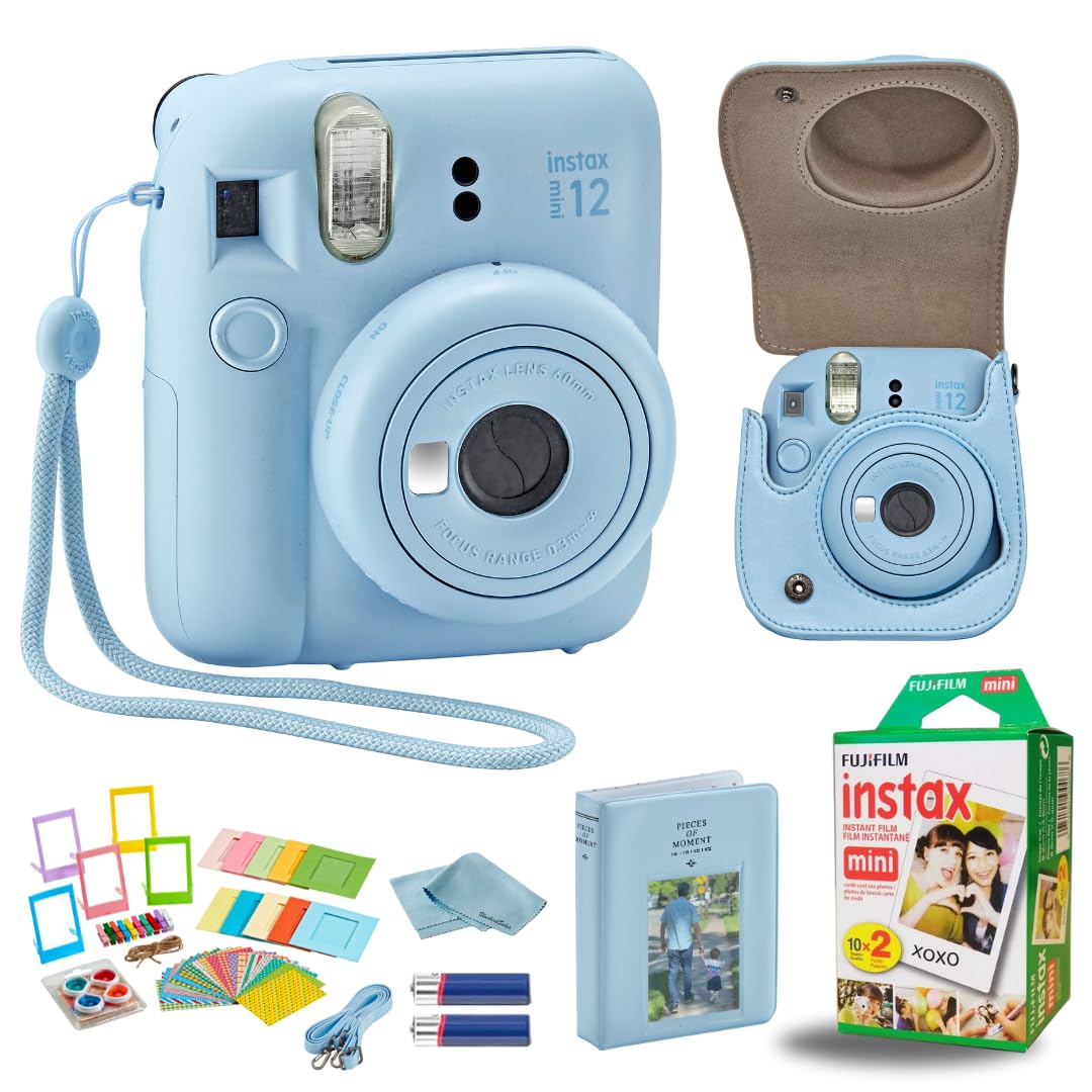 Fujifilm Instax Mini 12 Instant Camera Bundle - Includes 20 Shots Film, Custom Case, Deluxe 60-Pocket Photo Album & BluebirdSales Accessories - Auto Exposure, Selfie Mirror, Pastel Blue 1