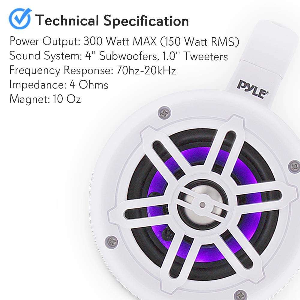 Pyle Waterproof Marine Wakeboard Tower Speakers - 4 Inch Dual Subwoofer Speaker Set w/ 300 Max Power Output - Boat Audio System w/Built-in LED Lights - Mounting Clamps Included PLMRLEWB46W (White) 4