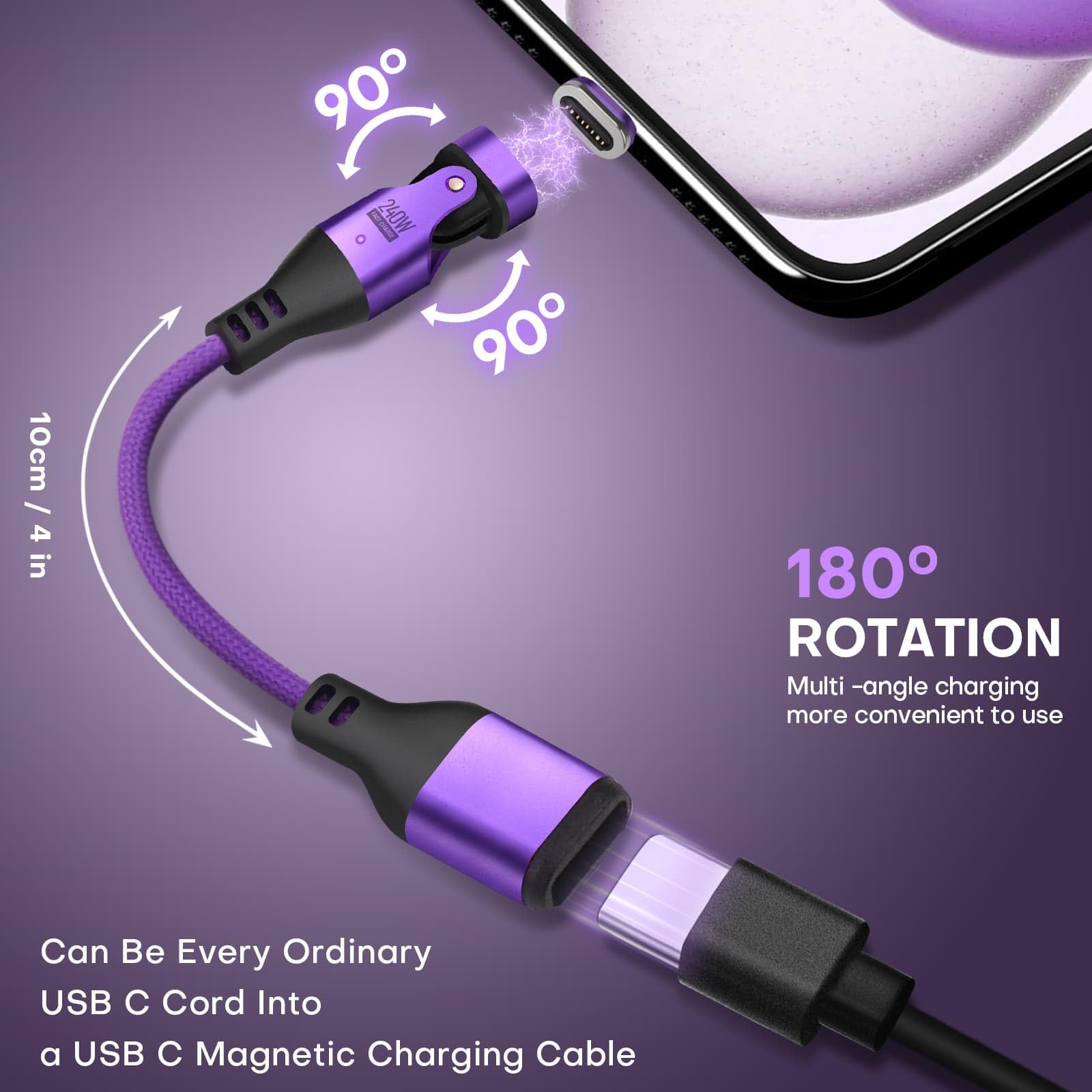 EndleesShine Magnetic USB Adapter Type C to C with 10cm Short Cable 16PIN Anti-Arc Stable PD 240W Fast Charging USB-C 180° Rotation Swivel Connector 480MBPS(2 Cable 6 Tips Set) 3