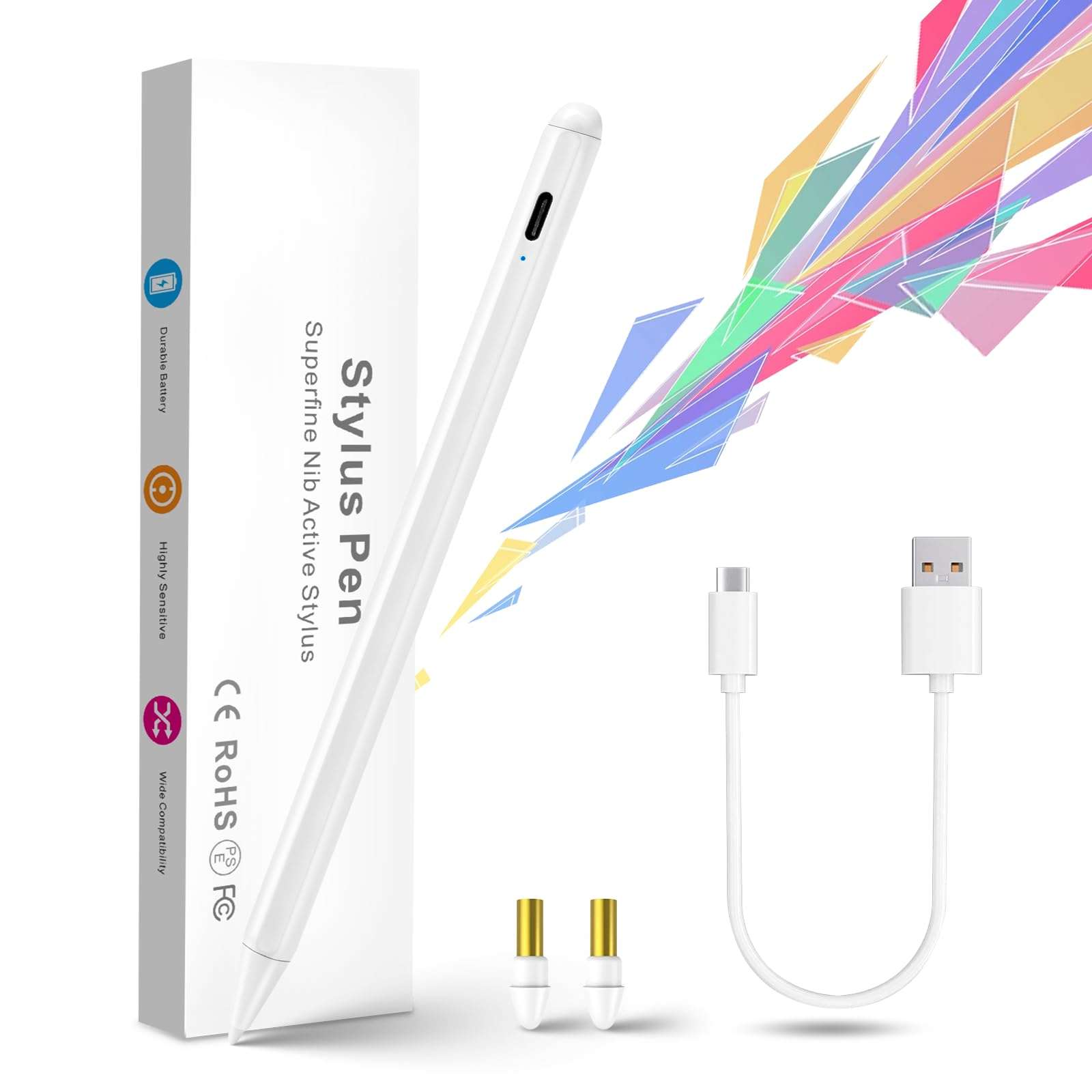 iPad Pro 11" Stylus Pencil,1.5mm Replaceable Pom Palm Rejection Tip Active Pen Compatible with Apple Magnetic Pencil for iPad Pro 11 Inch Stylus on Drawing Writing Sketching White 1