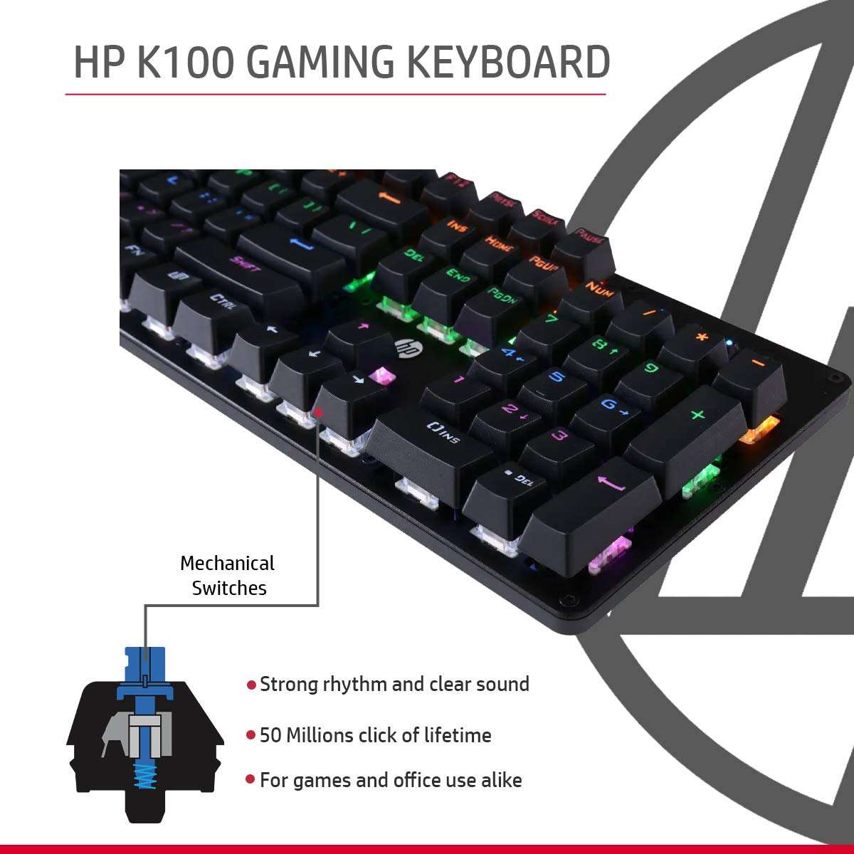 HP GK100 Wired Full Size RGM Backlit Mechanical Gaming Keyboard, 4 LED Indicators, Mechanical Switches,Double Injection Key Caps, and Window Key Lock, 3 Years Warranty (1D763AA) 3