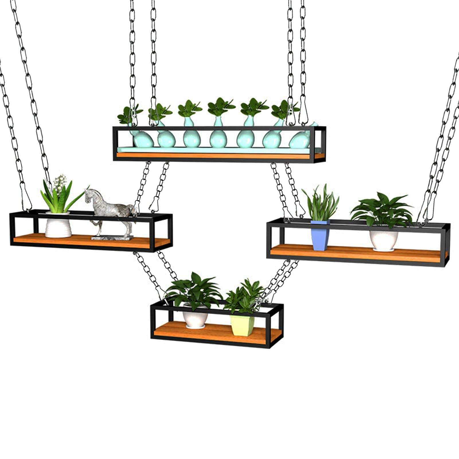 Retro Hanging Flower Shelf Pot Pan rack Storage Rack for Balcony Kitchen, Ceiling-Type Plant Stand Wine Holder Living Room Bar With Iron Chain Article And Wood Bottom Decorations Display Shelving 1