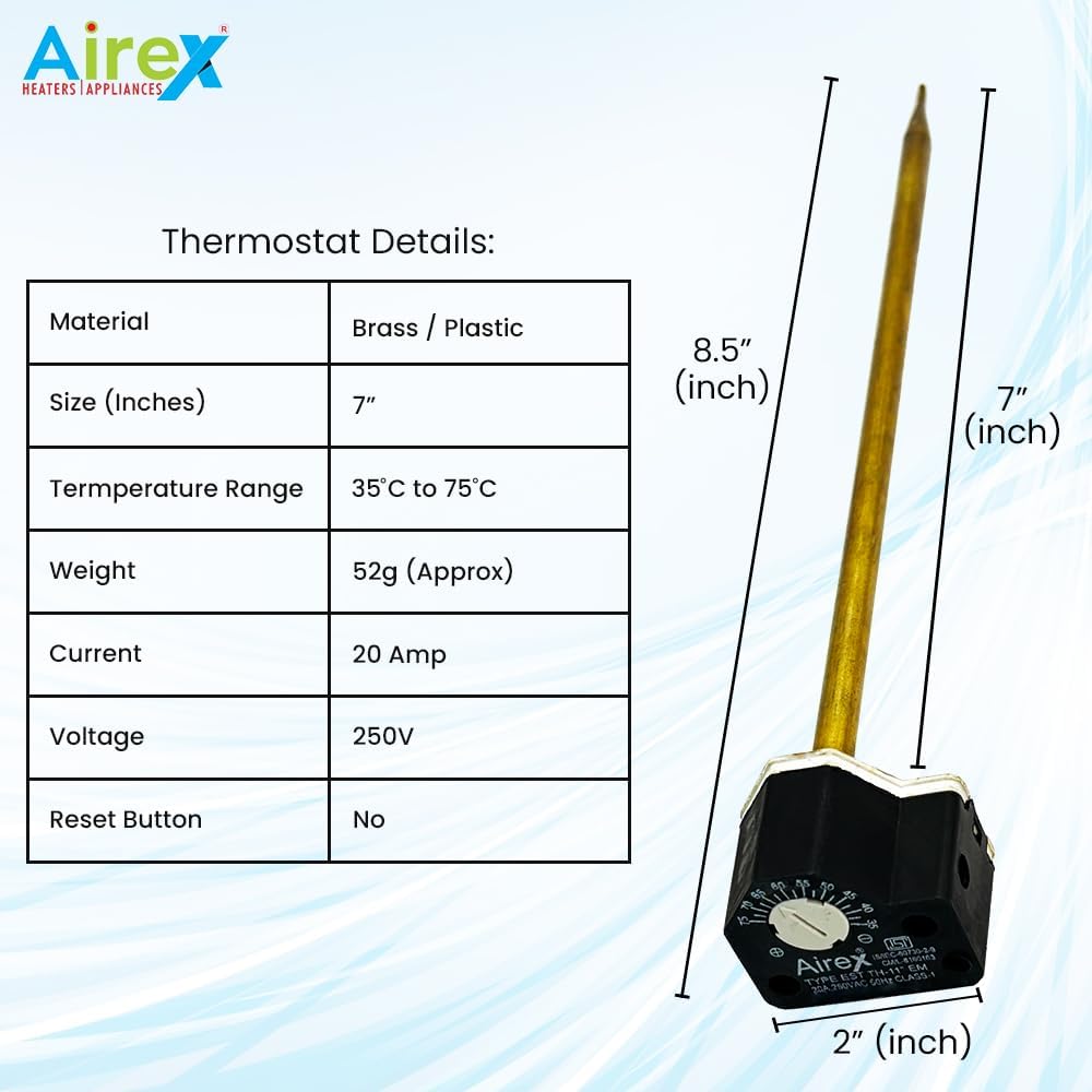 Airex Water Immersion Heater | 6 kW Stainless Steel Triple Pipe Heating Element | 1.5-Inch B.S.P. Thread with 7-Inch Auto Cut-Off Thermostat (35–75°C) 6