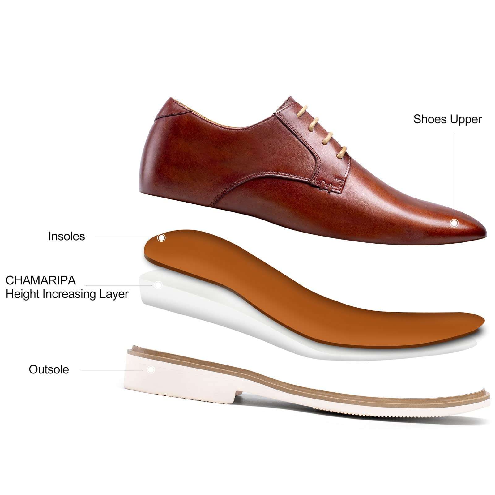 CHAMARIPA Men's Height Increasing Derby Shoes, Genuine Calfskin Leather Elevator Shoes That Make You 7 CM / 2.76 Inches Taller, Brown, H3D209B0031D, size11.5. 6