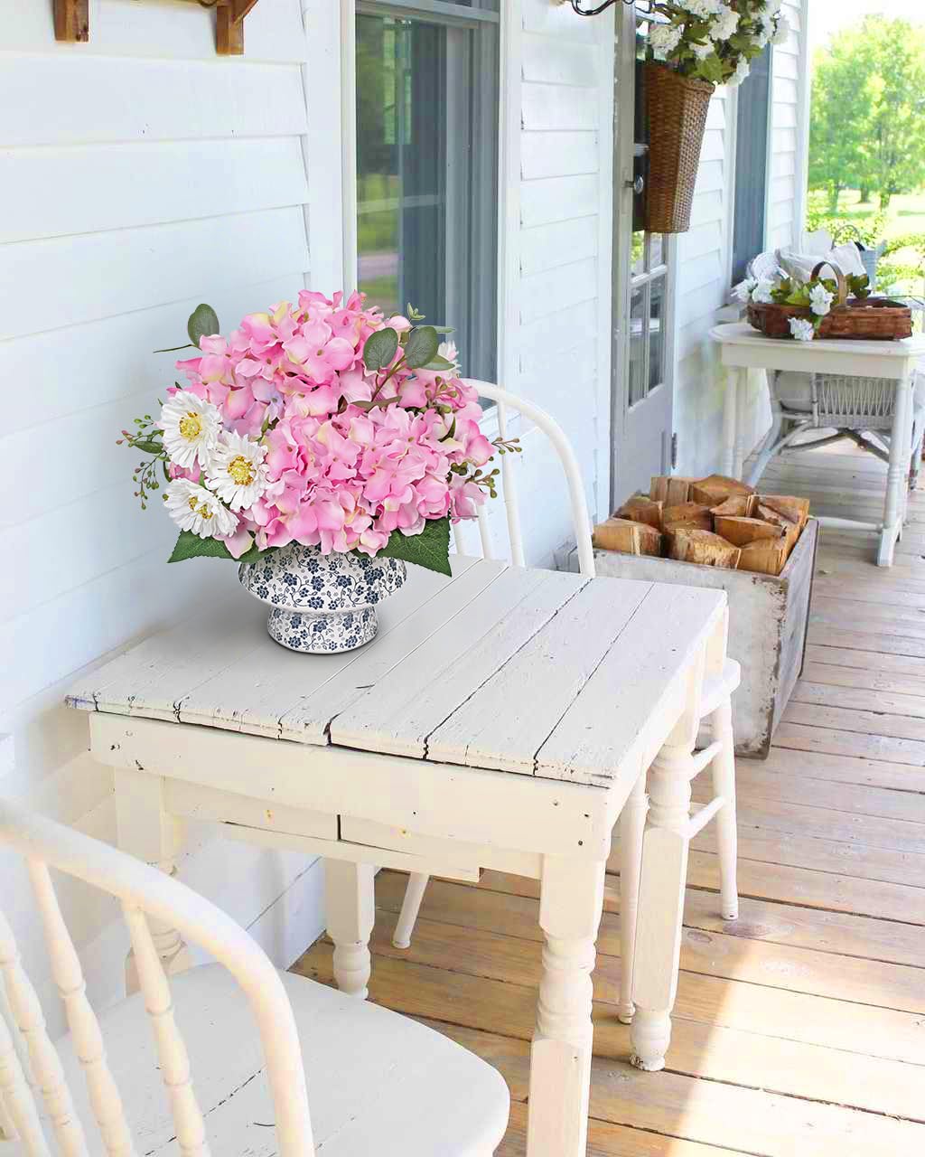 Briful Hydrangea Artificial Flowers Mixed Daisy Eucalyptus Leaf Berries Fake Flowers, Large Blue and White Ceramic Vase Realistic Silk Flowers Bouquet for Home Decor Wedding Farmhouse, Pink Purple 3
