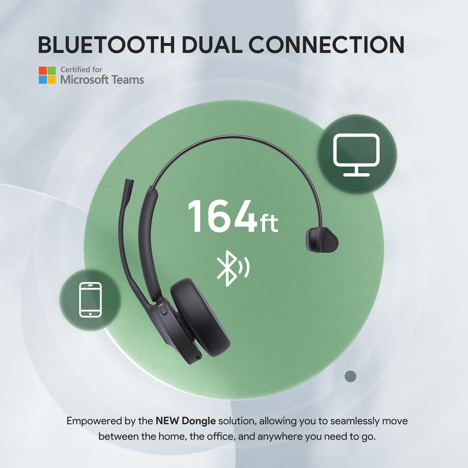 Yealink BH70 Mono UC Wireless Bluetooth Headset with Microphone for Work, up to 35h Talking Battery Life, 3-Mic Noise Cancellation, 91g Lightweight Work Headsets for Open Office, USB-C to A 4