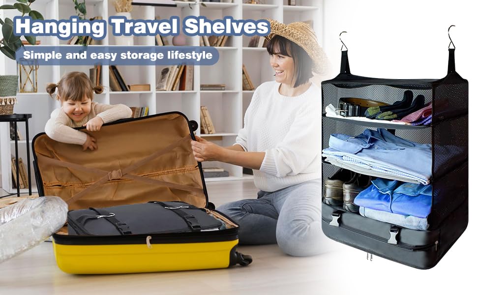 Kitwe Portable Hanging Travel Shelves Bag Multiple Compartments Packing Cube Organizer Space Saver Suitcase Storage Large Capacity Travel Luggage Organizer 6