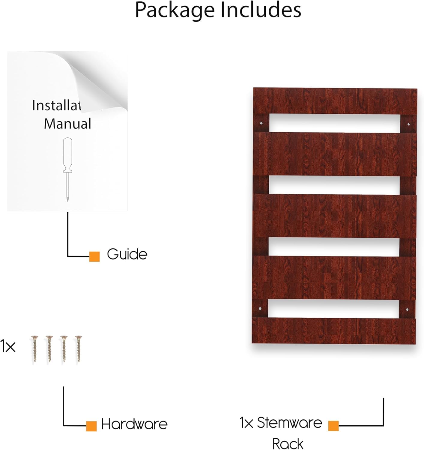 MEMUNA'S Eze 4 Sectional Adjustable Wood Under Cabinet Wine Glass Holder Wine Glass Rack Hanging Shelf Stemware Bar Organizer - 12 Wine Glass Storage - 10 Inch Deep (2, Mahogany Finish) 6