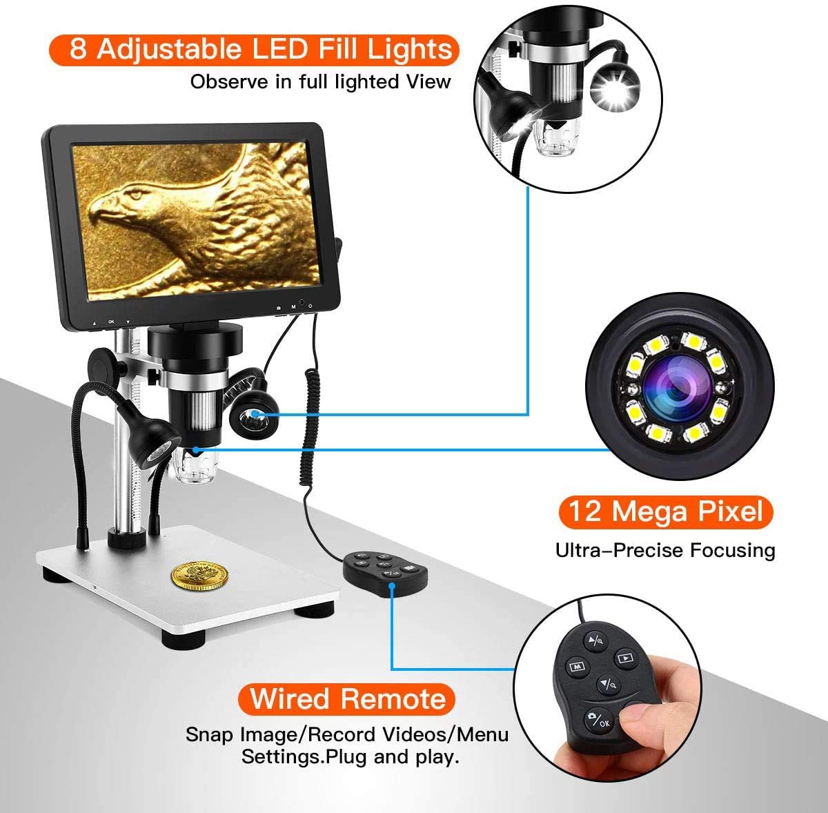 atdaraz LCD Digital USB Microscope 7 in HD Screen, Circuit Board Repair Soldering PCB Coins,12mp Video Camera Microscope, 8 Adjustable Light, 1-1200X Magnification with Rechargeable Batt-ery 5