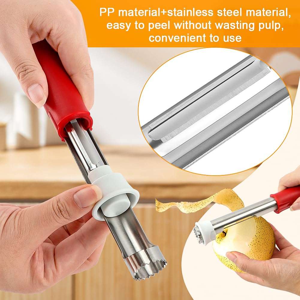 2 in 1 Fruit Corer and Peeler Tool,Telescopic Fruit and Vegetable Peeling Machine Stainless Steel Produce‌ Corer Tool for Bell Peppers Orange and Pears(Red) 4