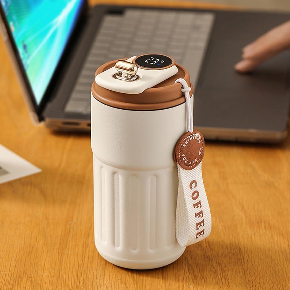 Roslen Coffee Travel Mug with Smart Temperature Display, Double Walled Stainless Steel Tumbler, Vacuum Insulated Coffee Mug Leakproof Lid, Double Walled Reusable Coffee Cup for Hot and Cold (Brown)