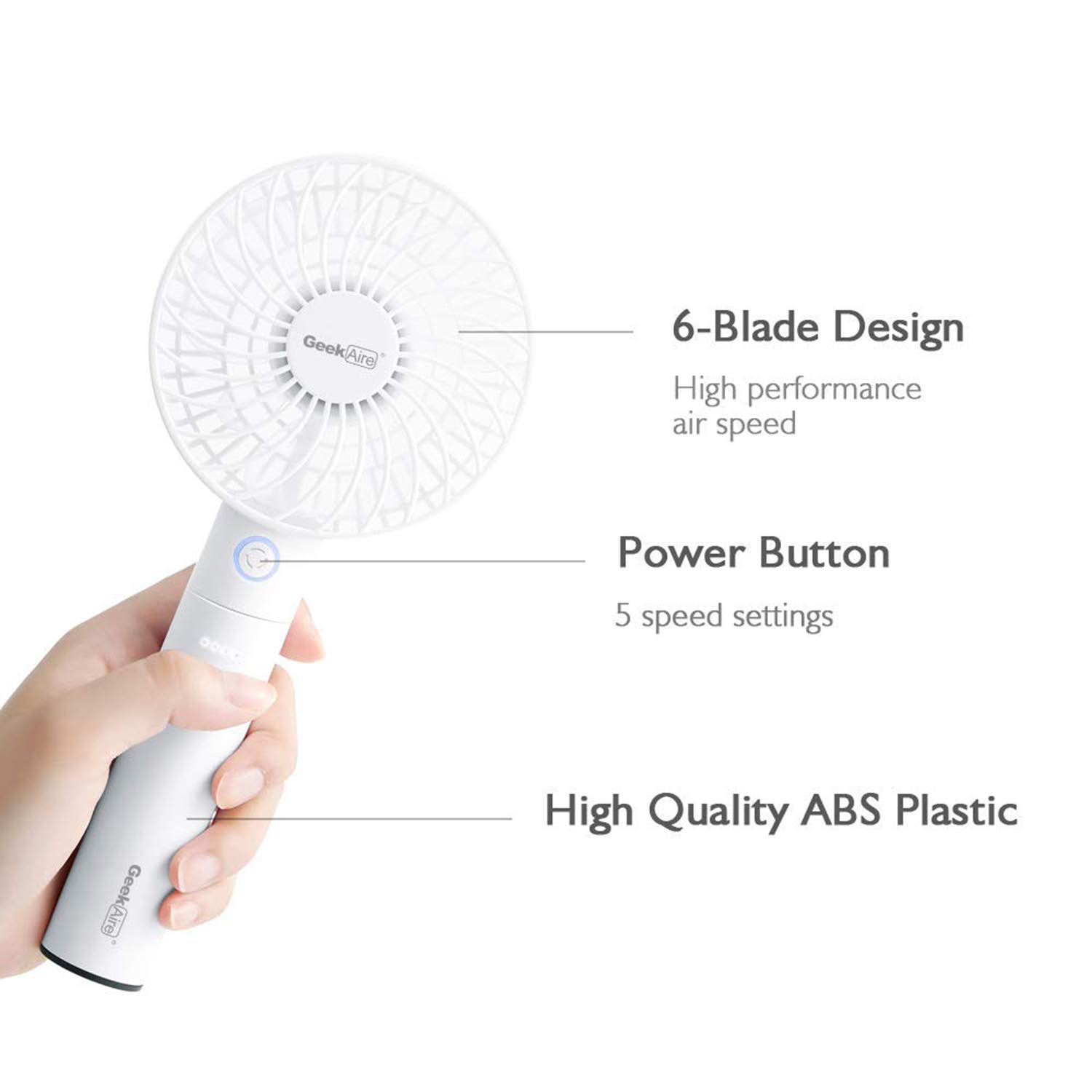 Geek Aire GF2 4 Inch Rechargeable Mini Fan with USB Charging | 5 Speed Option | Portable, Handheld & Small Table Fan | 2600 mAh Li-ion Battery | For Baby, Makeup, Travel, Home and Office (White) 4