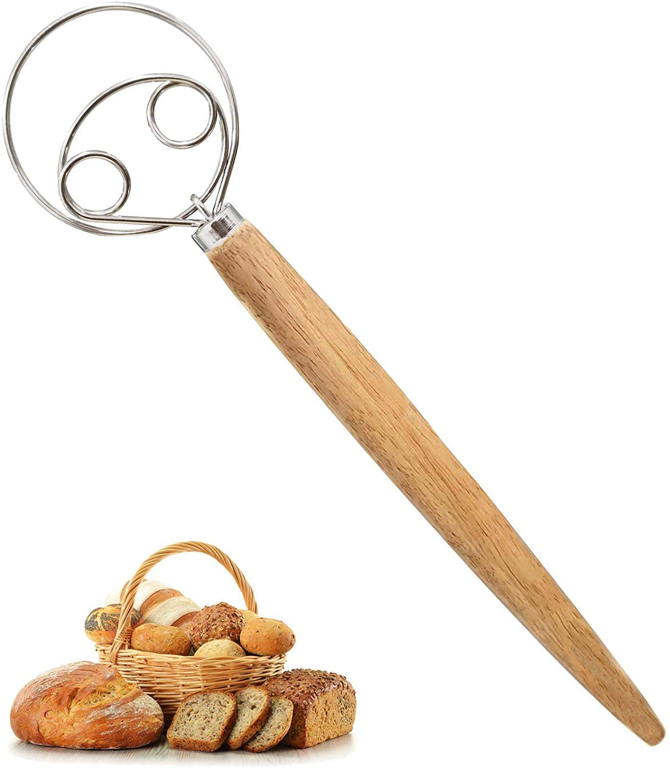 Jubilant Danish Dough Whisk, 13.2IN Double-Loop Dutch Bread Dough Stainless Steel, Wooden Handle Mixer for Cooking Bread Cake Dessert Pizza Pastry Atta Kneader Hand Whisk