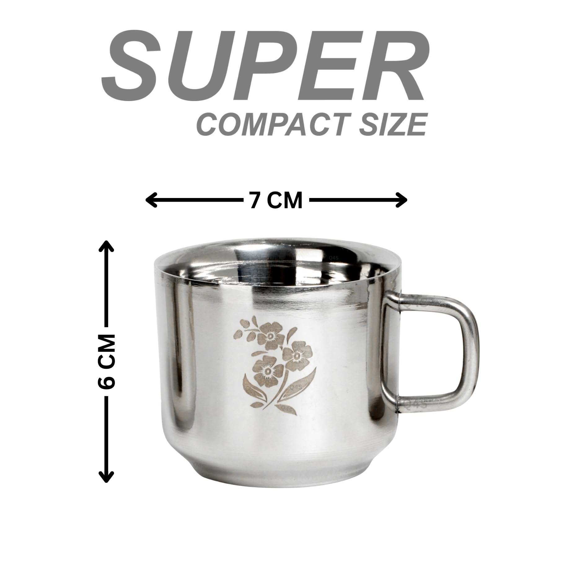 Q4S Stainless Steel Double Wall Tea Cups – Pack of 6, 100ml Each, Gloss Finish, Silver Color, Flower Print, Heat-Resistant, 6 cm Height x 7 cm Diameter – Ideal for Hot Beverages 5