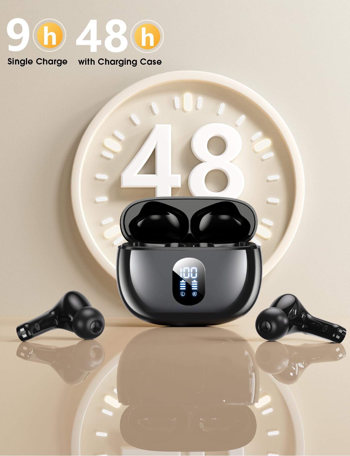 wyness Wireless Earbuds, 2026 Earbuds with Big Bass Stereo Sound, Lightweight Bluetooth Earbuds with 48 Hours Playtime LED Display Black 5