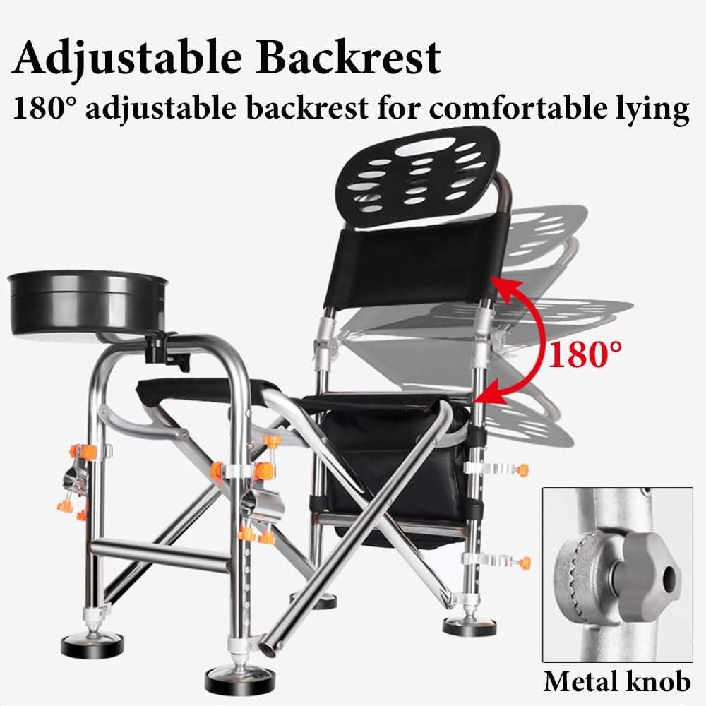 GLGGXBF Fishing Chair with Rod Holder, Folding Ice Fishing Chair, Multi-Functional Stainless Steel Fishing Stool, Height Retractable 10.5 Inch, Backrest Adjustable 180°, with Portable Storage Bag 5