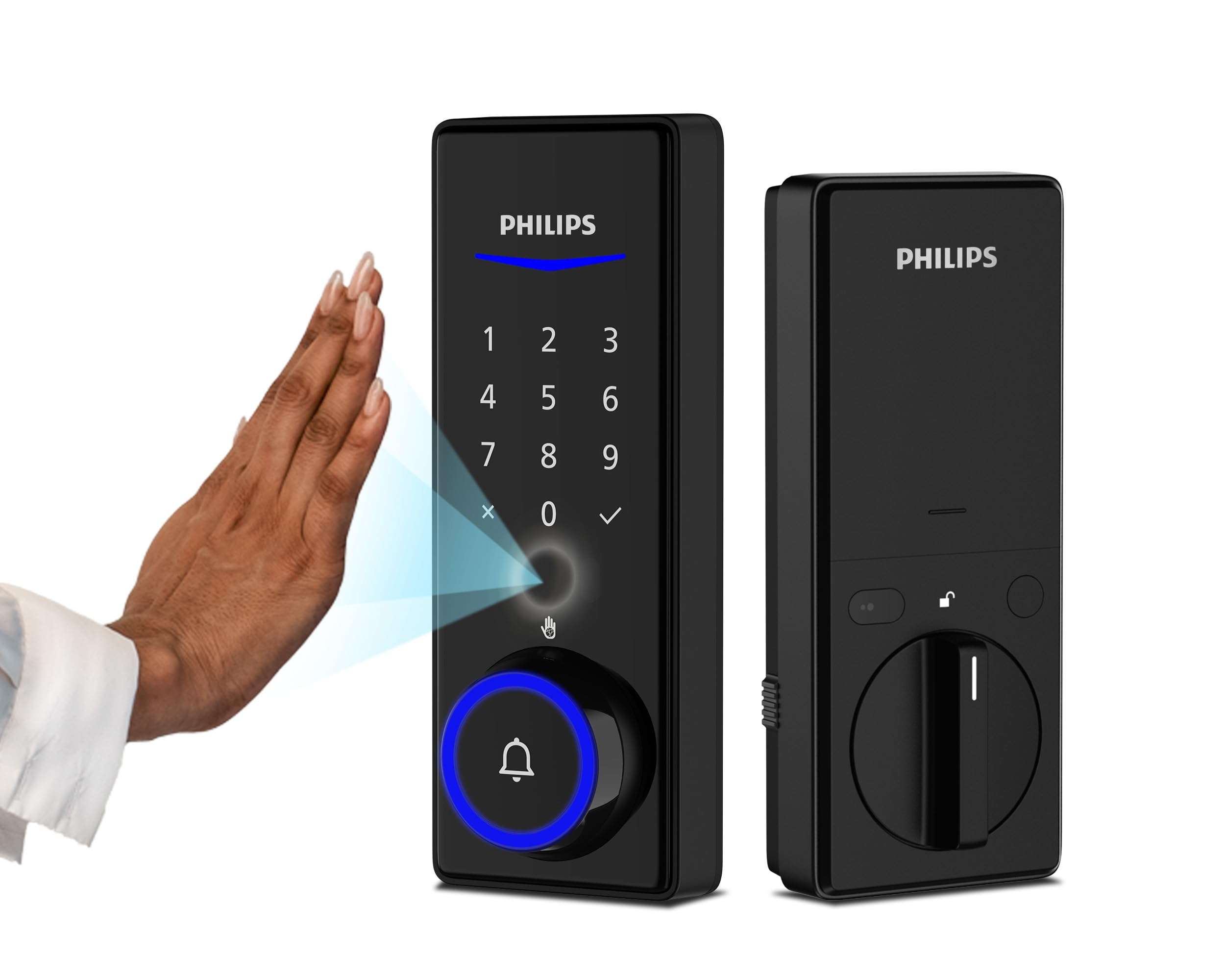 Philips Palm Recognition Wi-Fi Smart Deadbolt Lock, 2-in-1 Doorbell & Palm Recognition Keyless Entry Door Lock, Built-in WiFi, Remote Control, Wireless Chime, Auto-Unlock&Lock, One-Touch Lock, Black 1