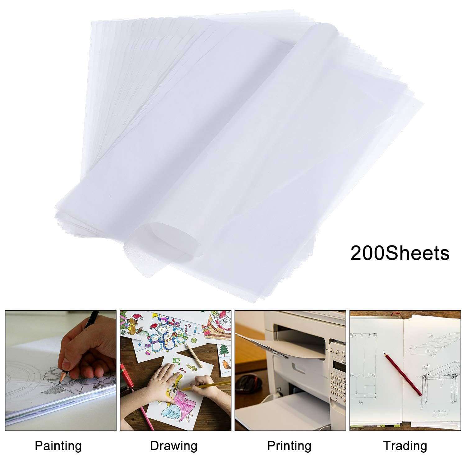 200 Sheets Tracing Paper 8.5 x 11 inches Artists Tracing Paper White Trace Translucent Clear Carbon for Pencil Sketching Printing Drawing Animation 5