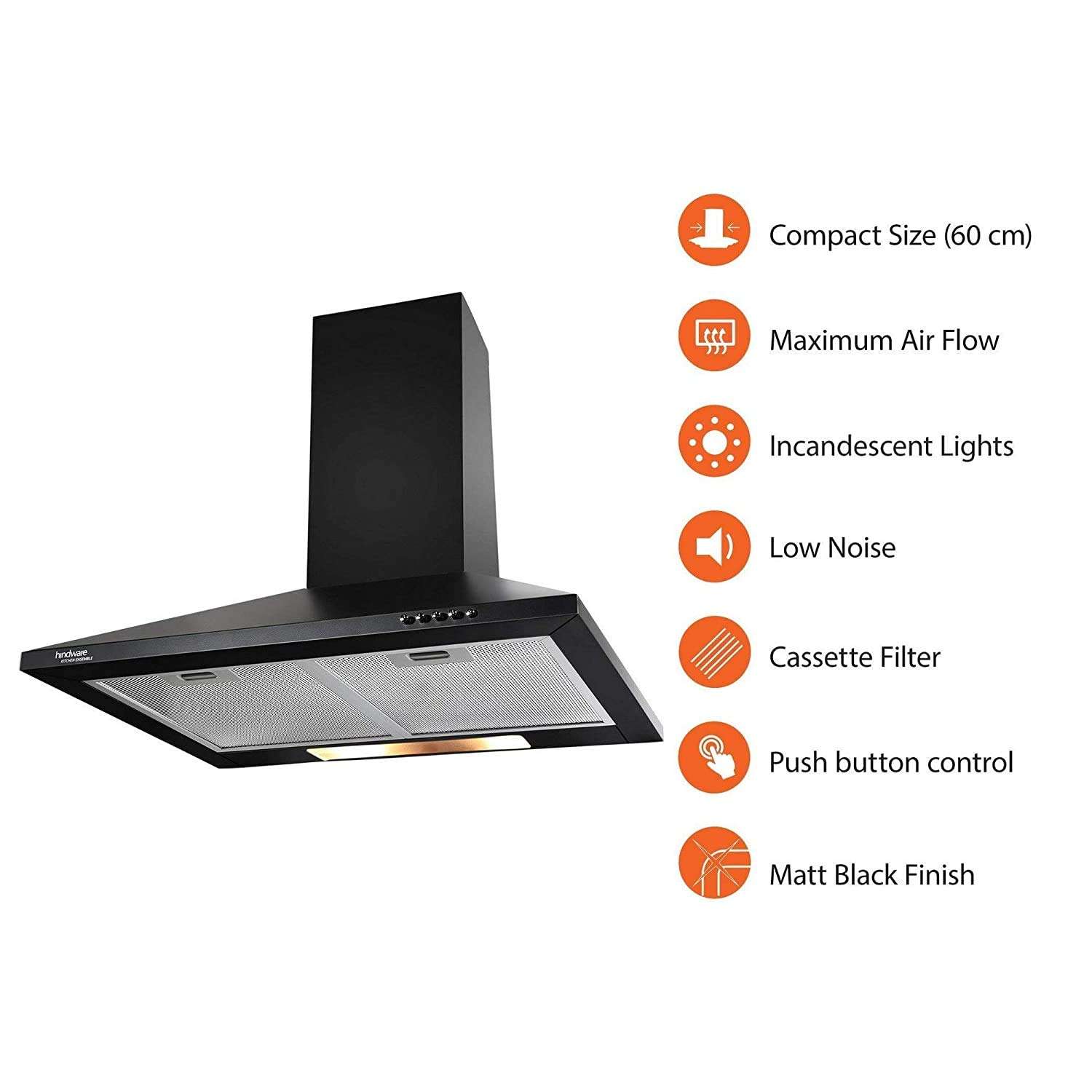 Hindware 60cm 700 m3/hr Chimney (Clarissa Black 60, 2 Cassette Filters, Black) 2