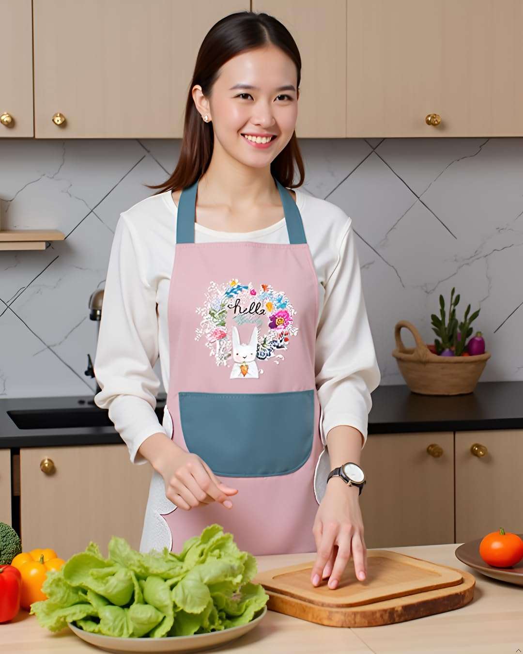 AMBROSIAL STORE Apron For Kitchen Cotton Kitchen Apron Set with Front Pocket Floral Bunny Design, Cooking Printed Apron For Women (PACK 2) 5