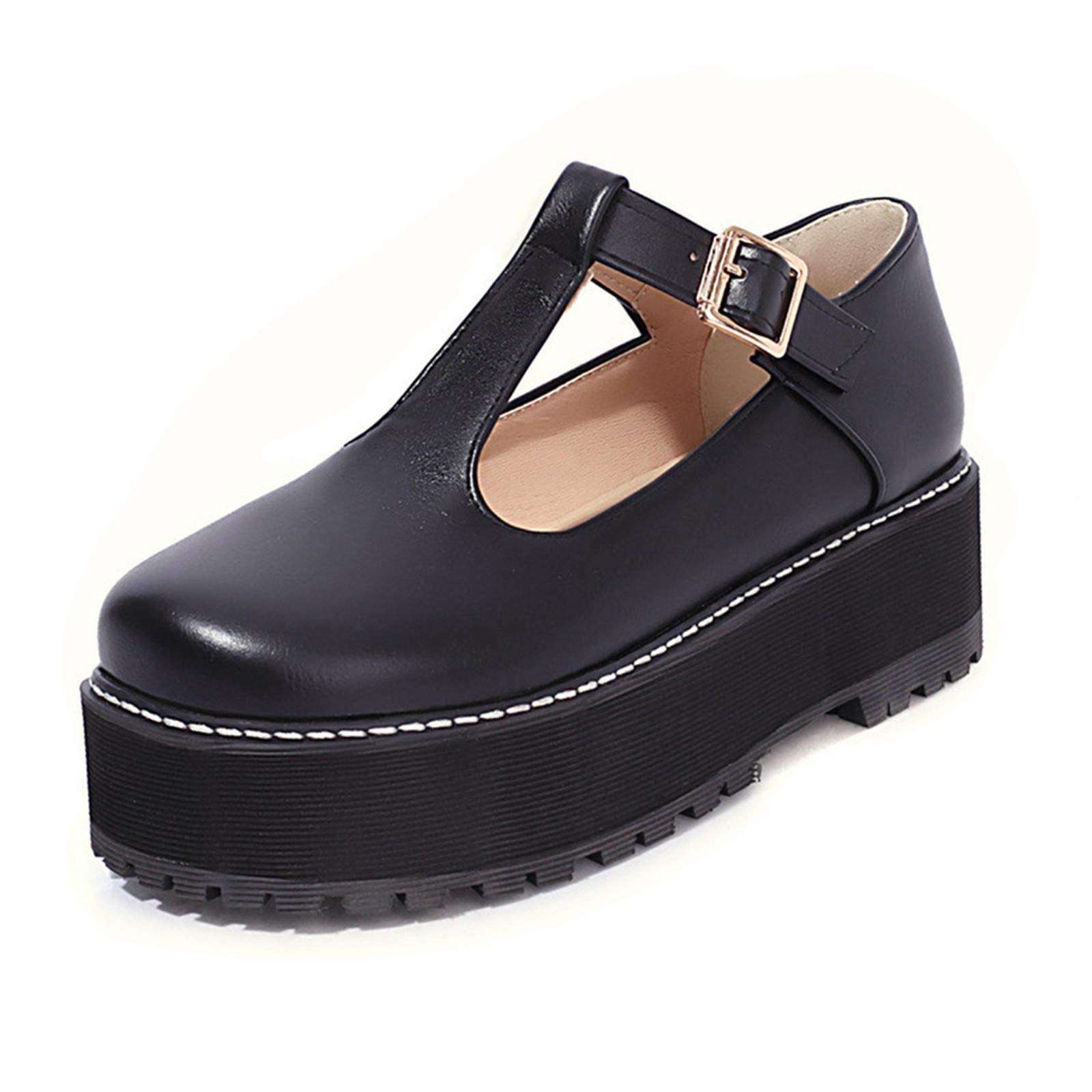 MSKFZEK Platform Mary Janes Shoes Women, Round Toe Gothic Black Lolita Shoes Chunky Heel Ankle Strap Uniform Dress Pumps 1