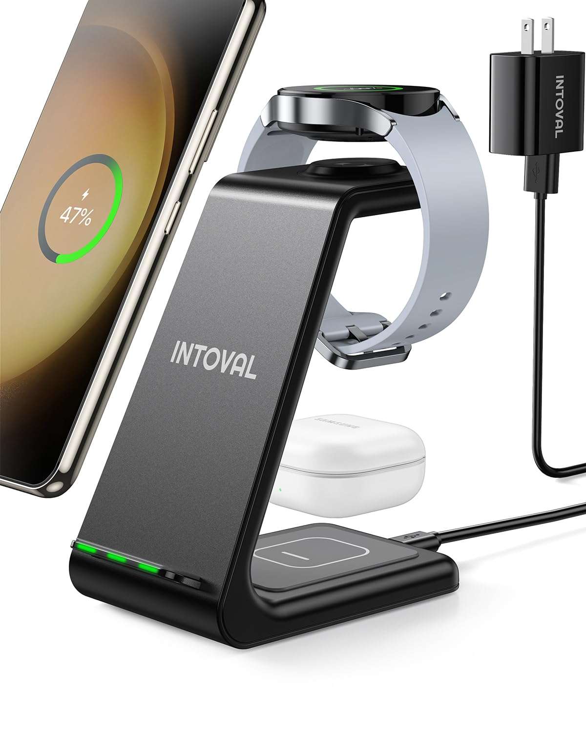 Intoval Wireless Charger,Wireless Charging Station for Samsung Galaxy Phone/Watch/Buds,fit for Galaxy S25/S24/S23/S22,Note20/10/Z Fold/FLI,Watch 8/7/6/5/4/Active 2/1, Buds3/2/Pro/Live(S3,Black) 1