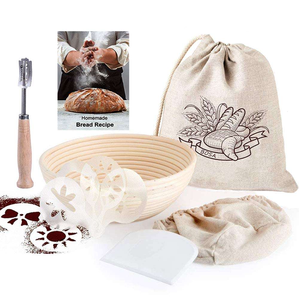 Banneton Bread Proofing Basket With Baking Tools, Round 9" Sourdough Bread Proofing Kit With Handmade Rattan Basket for Bread Baking, 7 pack Bread Making Tools Supplies Set for Home Bakers Starter 1