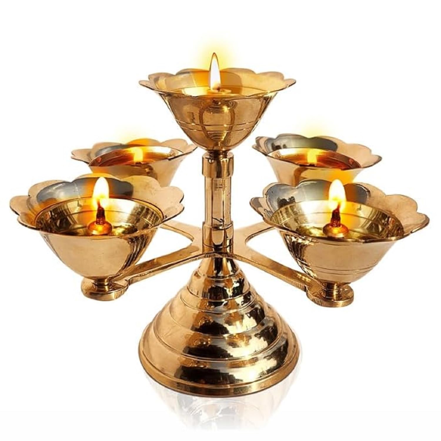 Pure Source India Pure Brass 5 Faced Ethnic Panchadeep | Bhadradeepam /Lamp/Akhand Diya for Mandir, Pooja Room,Diwali Gift Decorative Item for Home Decor (8 INCH. Gold 1PCS ) 400 GM