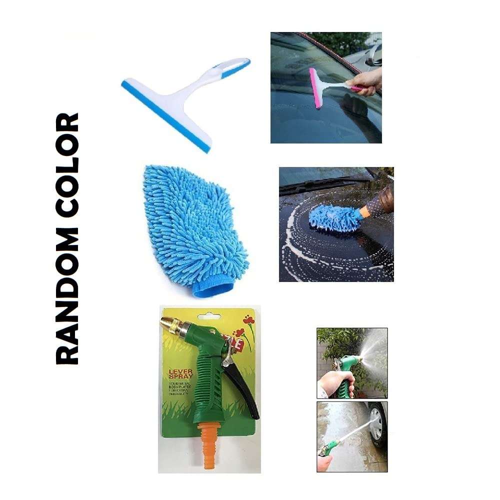 Combo of 3 Car Washing Water Spray Shower with Microfiber Cloth Glove & Glass Cleaning Mini Wiper Universal Random Colour Suitable for Chevrolet Enjoy 3