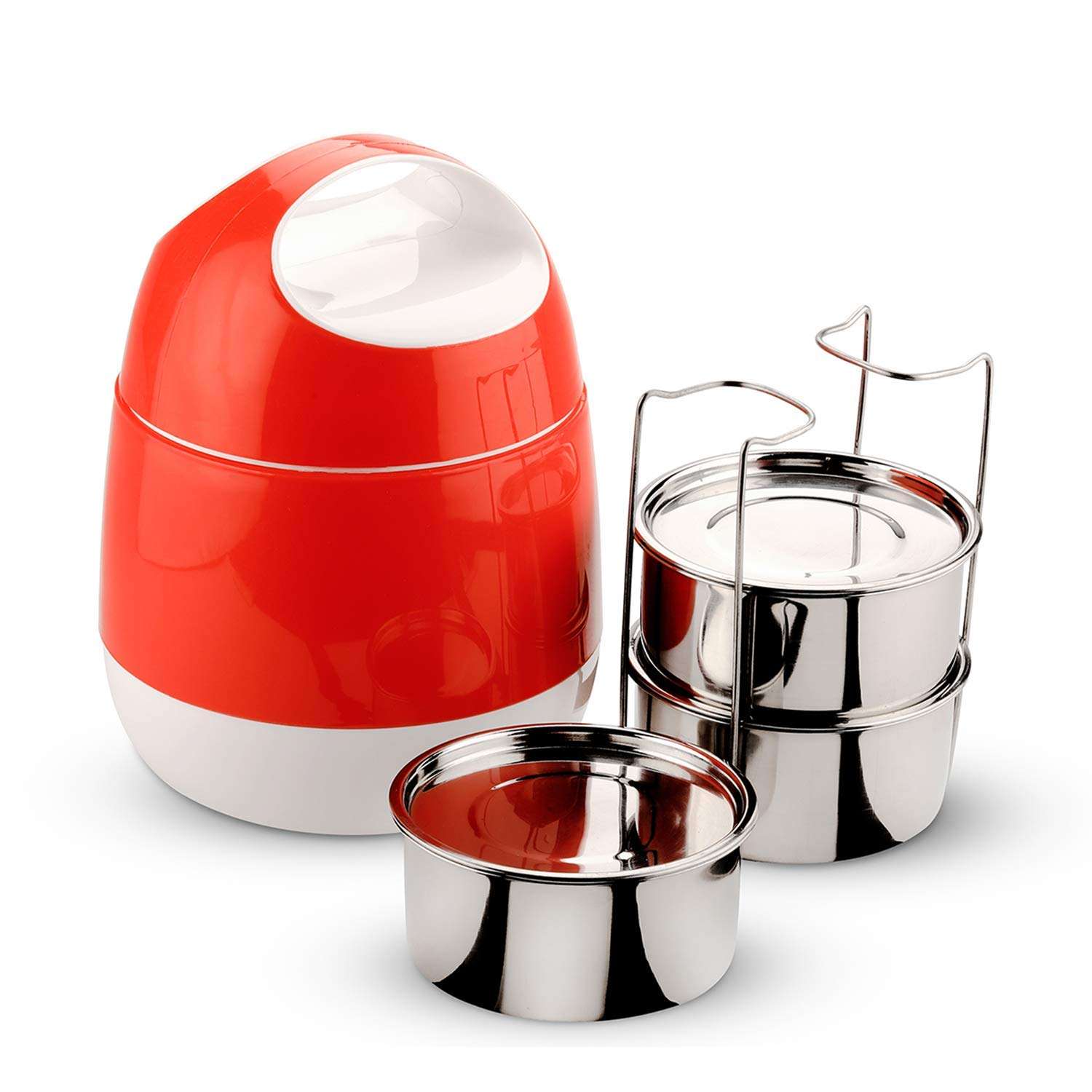 SOPL- Oliveware (logo) with Device Marvel Lunch Box | 3 Stainless Steel Containers | College & Office | Insulated Container | Leak Proof & Sturdy | Full Meal & Easy to Carry (Cherry) 1