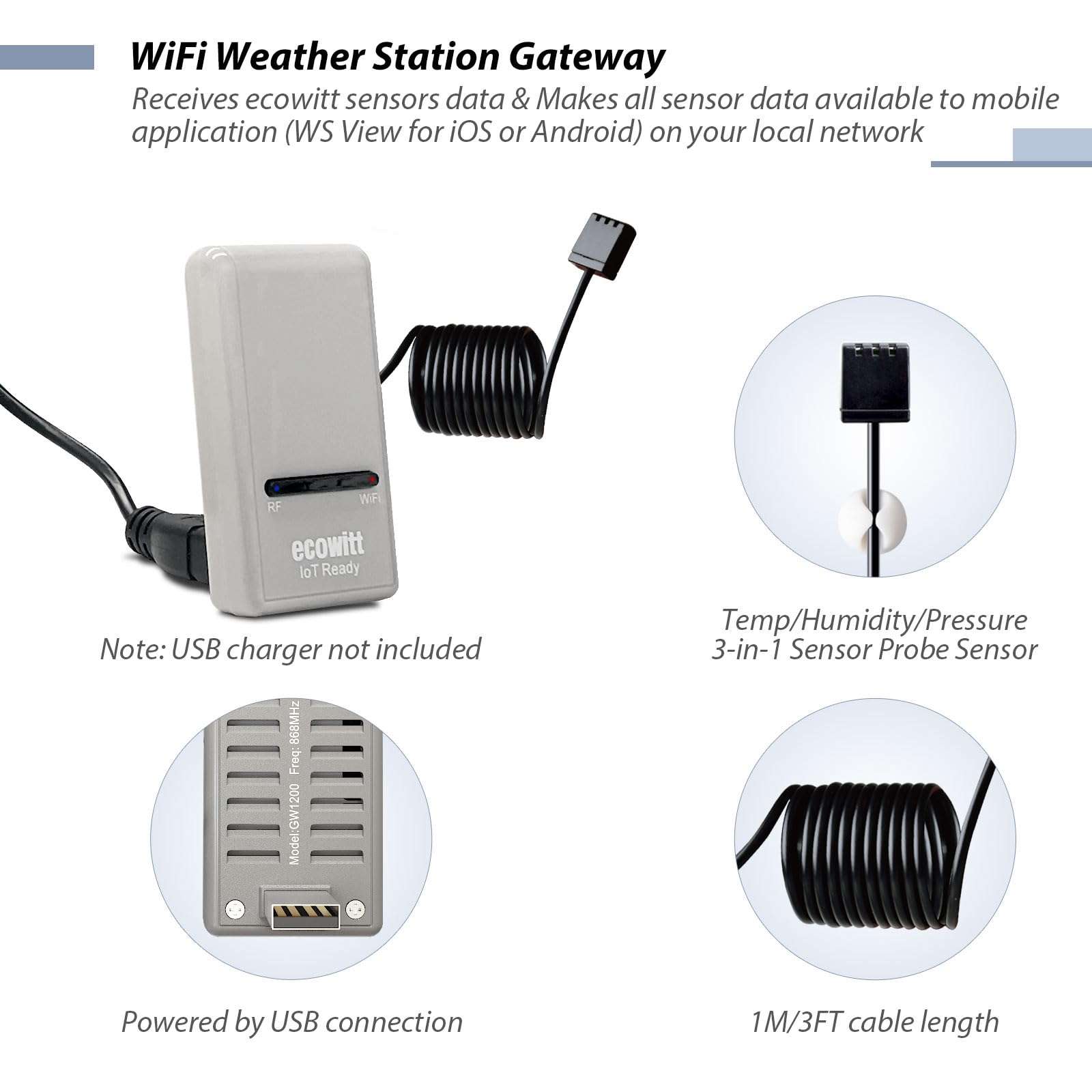 ECOWITT Wi-Fi Gateway Weather Station, with Built-in Temperature, Humidity, and Barometric Sensors, IOT Ready, Supports Ecowitt Sensors Developed, USB Power, 915 MHz 3